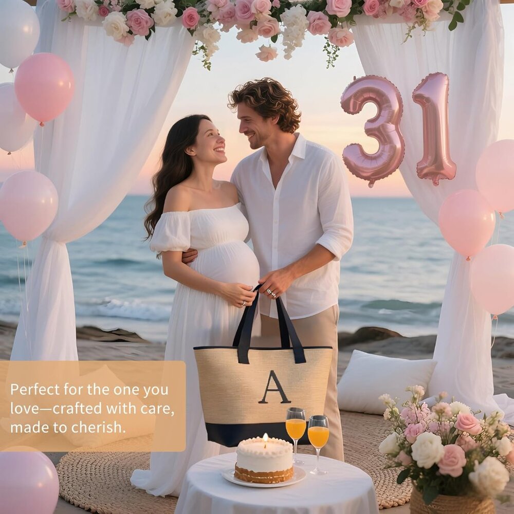 Woven Tote Bag for Women, Lightweigh Monogram Beach Bag with Zipper & Sand-Proof - Picture 4 of 10